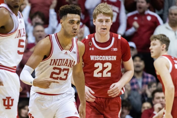 Trayce Jackson-Davis (23) celebrates a made basket in the second half against the Wisconsin Badgers